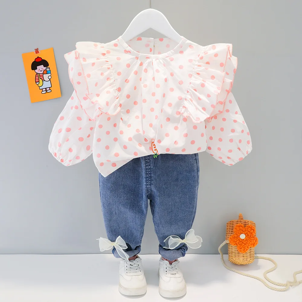 

LZH 2021 Newborn Baby Girl Clothes Casual Dots Long Sleeve Top+Jeans Trousers Outfit For Kids Spring Suit For Children 1-4 Years