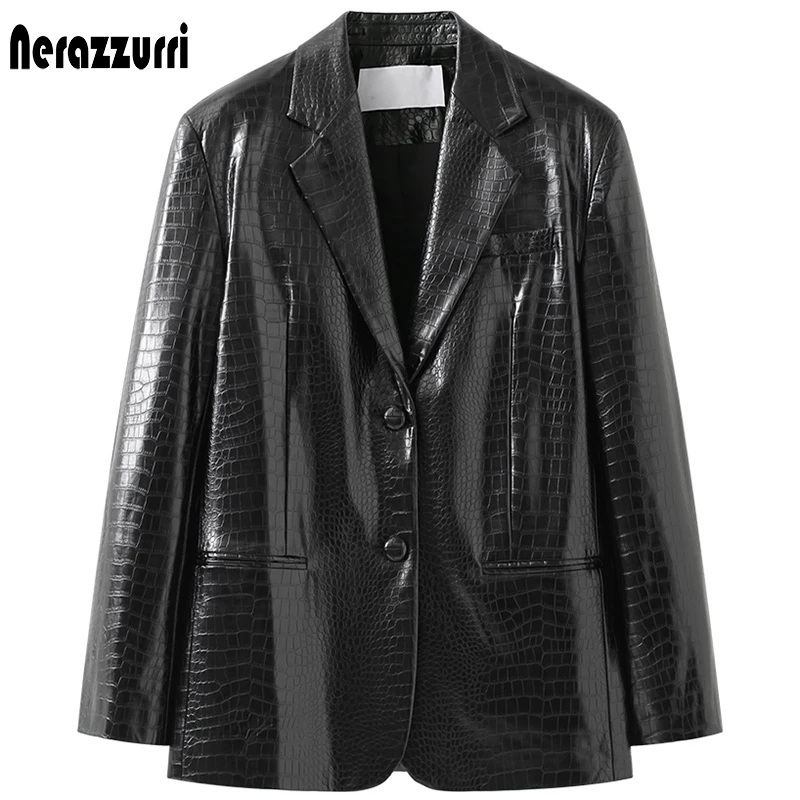 Nerazzurri Spring Black Reflective Crocodile Print Leather Blazer Jacket for Women Long Sleeve Soft Loose Casual Korean Fashion
