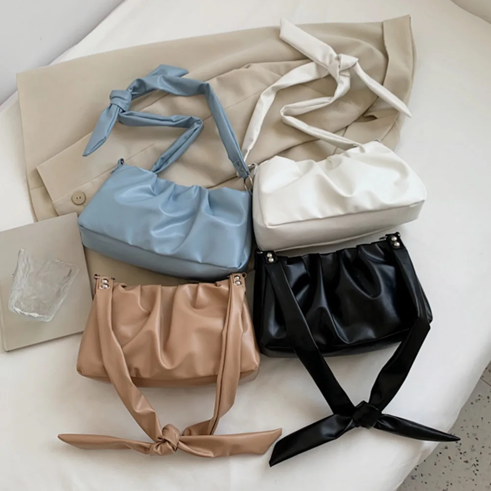 

Vintage Elegant Women Pleated Square Bag Solid Color PU Leather Shoulder Underarm Handbag Casual Small Portable Large Capacity