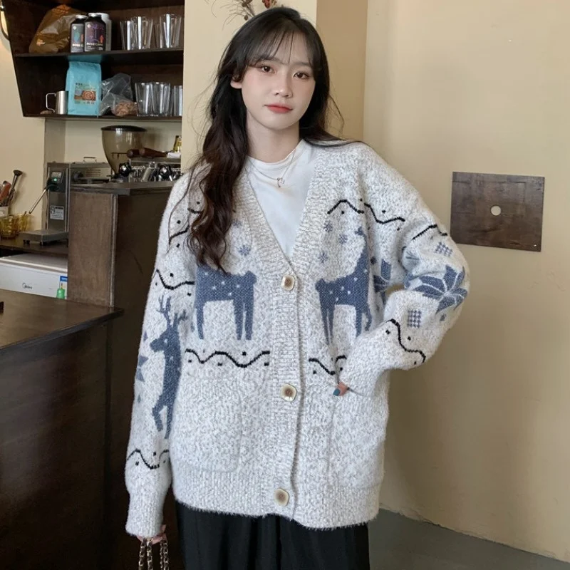 

Cardigan Women Vintage Knitted Sweater Autumn Winter V-neck Single-breasted Cardigan Soft Korean Loose Casual Knitwear Tops