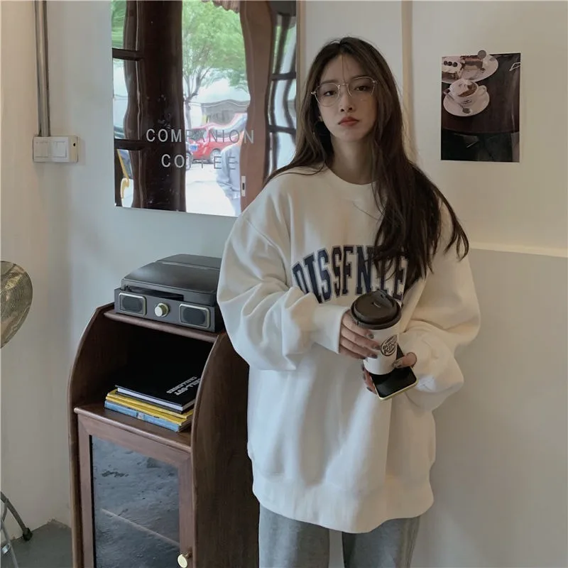 

Women Hoodies Winter Female Pullover Thick Letter Print Cotton Cozy Loose 2XL All-match Daily Casual Korean Trendy Ulzzang Chic