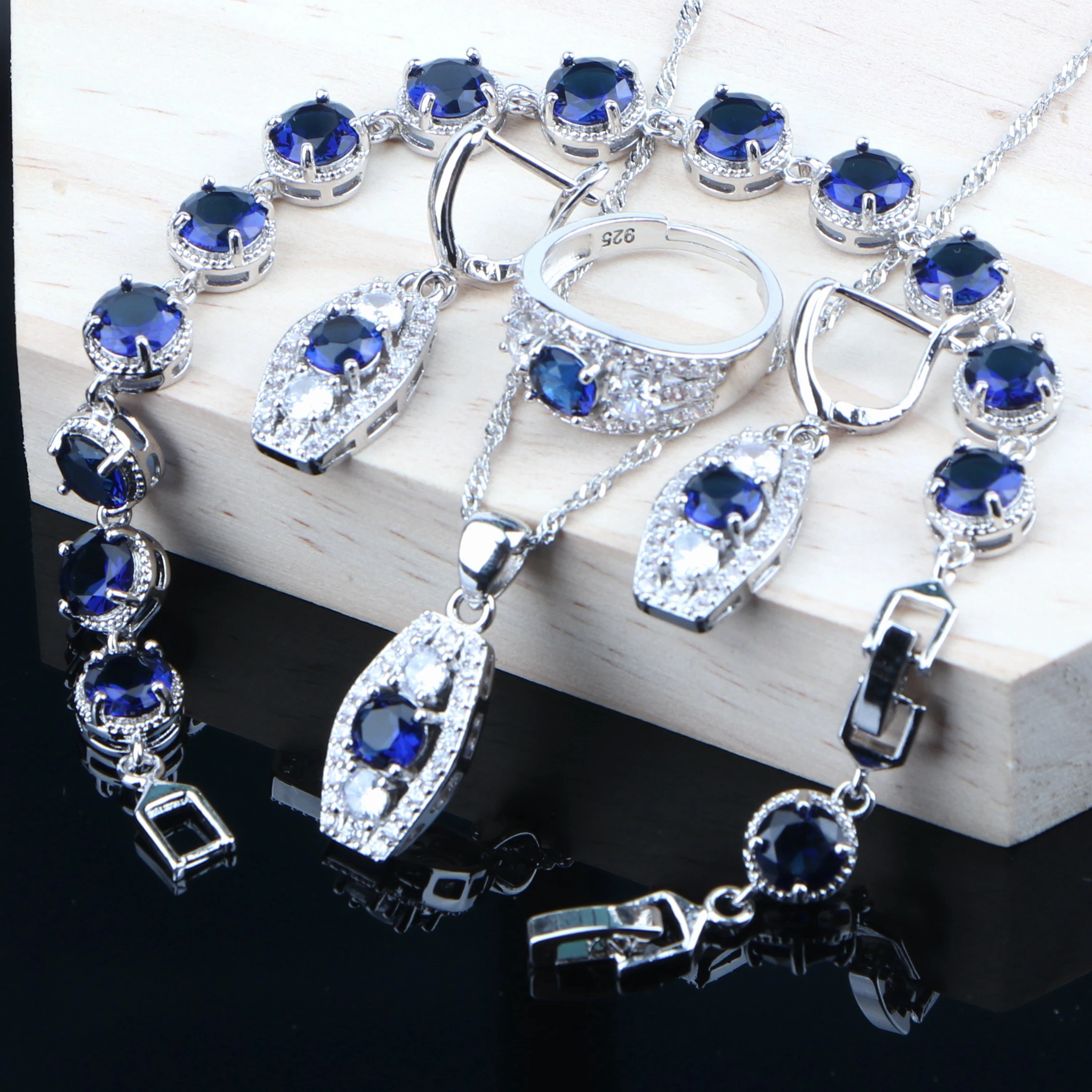 925 пробы Серебряные Ювелирные наборы для женщин с синим кубическим цирконием