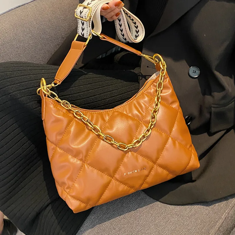 

Women Leather Hobo Bags Winter Space Cotton Pad Crossbody Bag Diamond Lattice Chain Shoulder Bag Lady Quilted Messenger Handbag