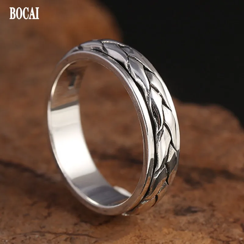 

BOCAI 2021 Trend Real S925 silver good luck men's ring retro personality simple and rotatable couple ring