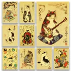 Популярное японское аниме ретро постер из крафт-бумаги с самураем, кошкой, наклейка с мультяшным рисунком, подходит для бара, Украшение стен дома