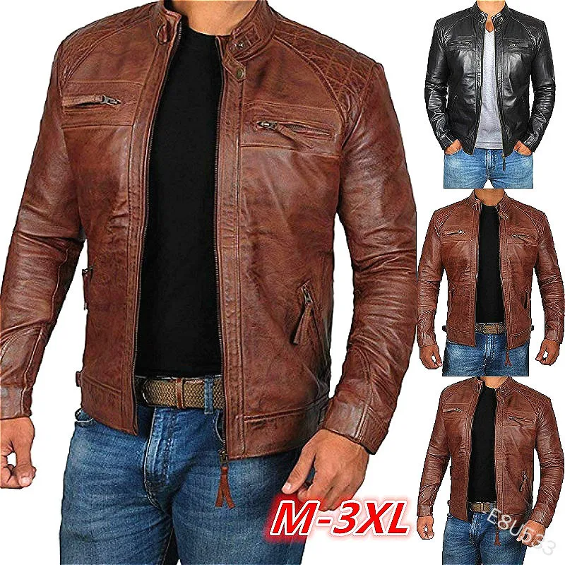 

Men Leather Jacket Stand-up Collar Punk Motorcycle Zipper Slim Pockets Solid Color Autumn and Winter Distressed Leather Jacket