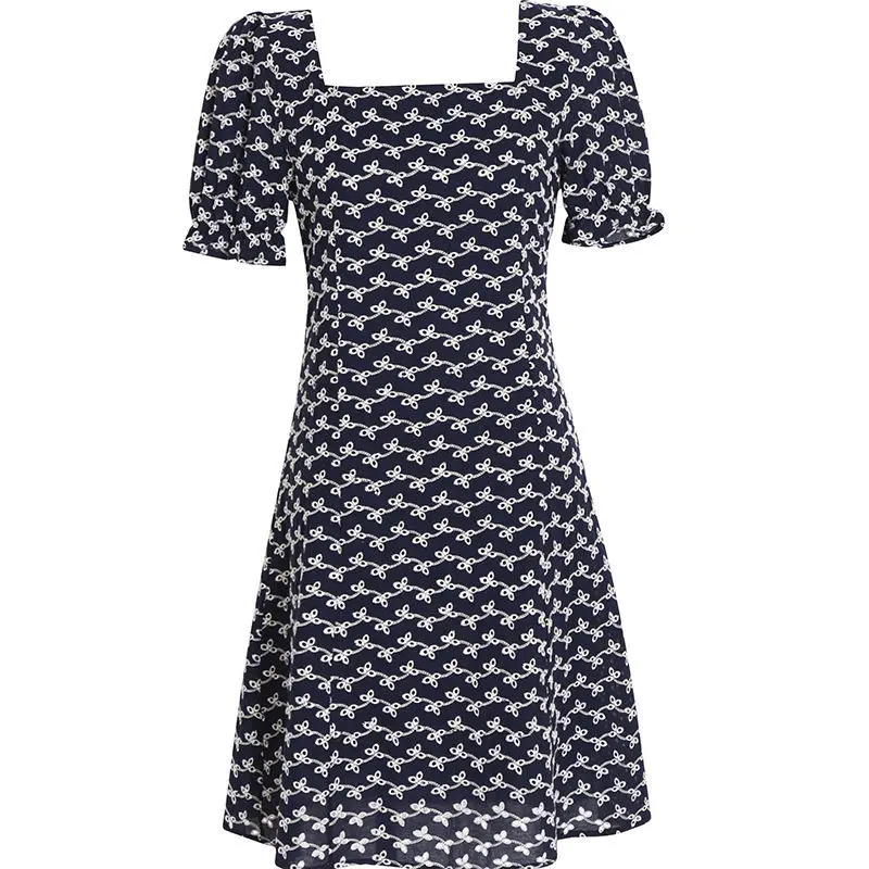 

French minority gentleness wind square collar dress with thin waist and goddess skirt children's new style in summer 2021