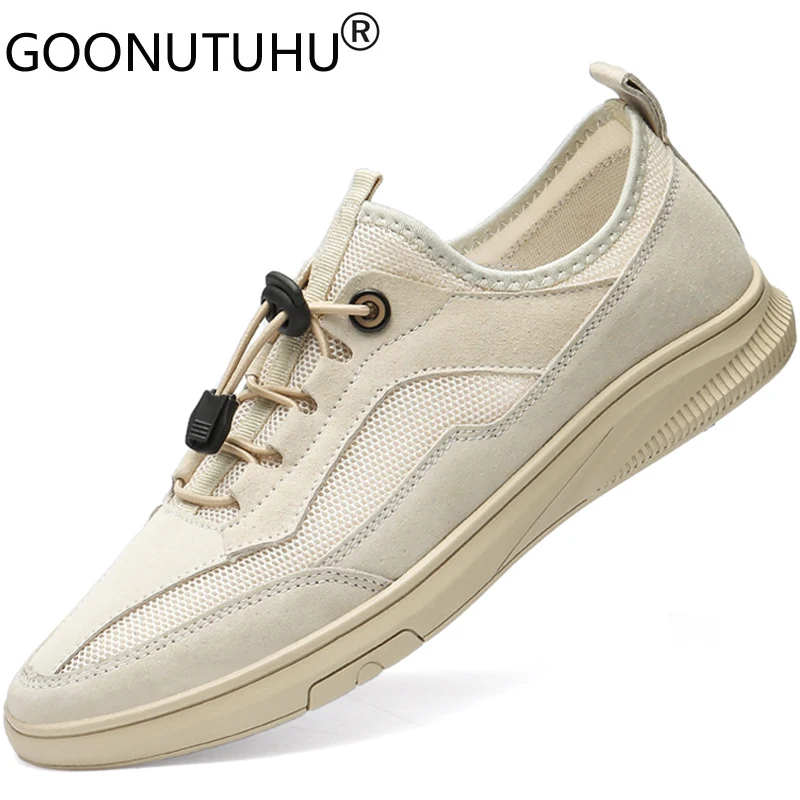 

Мужские кожаные кроссовки, дышащие сетчатые, Повседневная Классическая обувь, светло-коричневые, на плоской подошве, большие размеры, на ле...