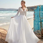 Платье Свадебное женское кружевное в пол, шифоновое простое пляжное винтажное, в богемном стиле, с длинным рукавом и V-образным вырезом, в стиле бохо, для невесты