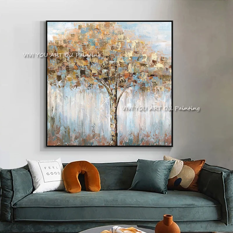 

New Design Gold Foil Textured Tree Oil Painting Art 100% Hand Painted Abstract Unframed Wall Canvas Art For Modern Home Art