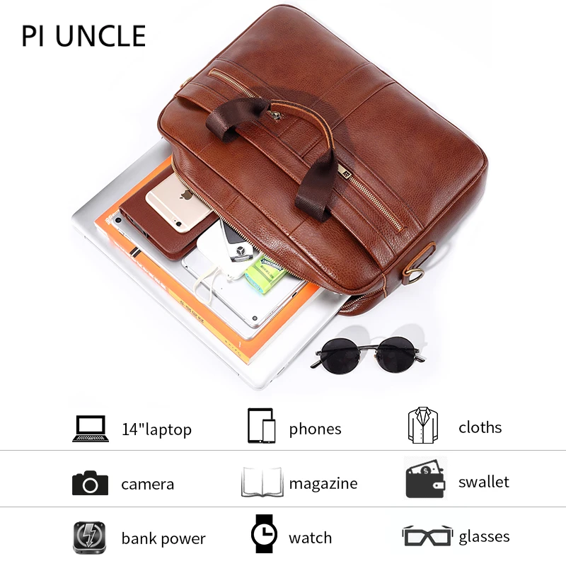Genuine Leather Male Briefcase 14 inch Laptop Computer Bag For Man Luxury Messenger Shoulder Crossbody Vintage Brand | Багаж и сумки