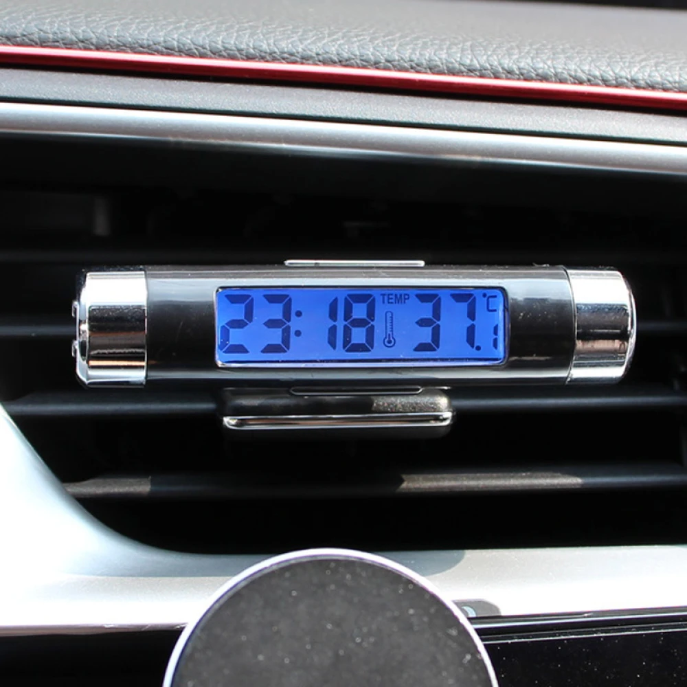 

Portable 2 in 1 Car Digital Clock Automatic Thermometer Display Electronic Clock Screen Clip Type Blue Backlight Car Accessories