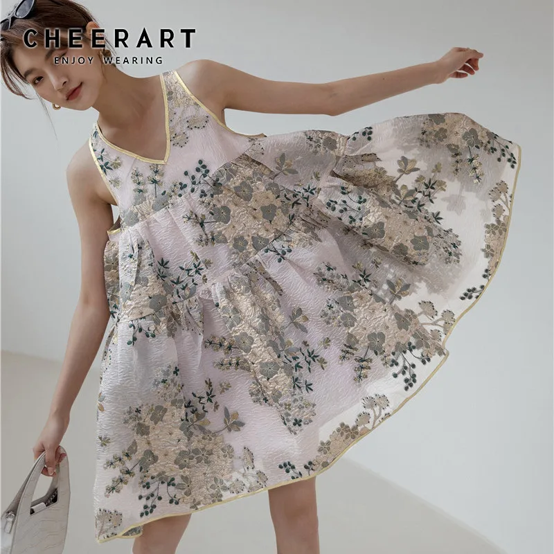 Винтажное платье CHEERART из тюля с цветочной вышивкой женское летнее жаккардовое