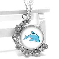 2020 new fashion marine animal cute dolphin double sided crystal pendant glass convex round necklace children necklace gift