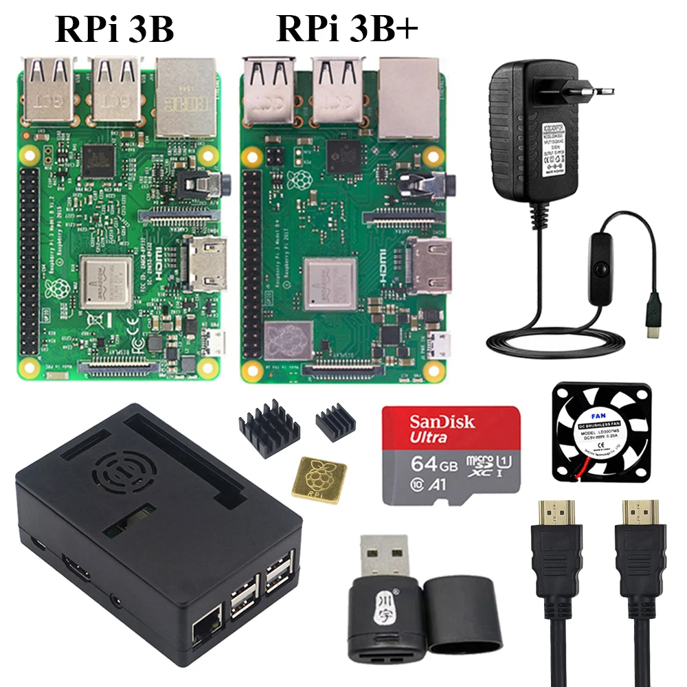 

Original Raspberry Pi 3 Model B + ABS Case + SD Card + Power Supply + Heat Sink for Raspberry Pi 3 Model B+ RPi 3B 3B+ Plus