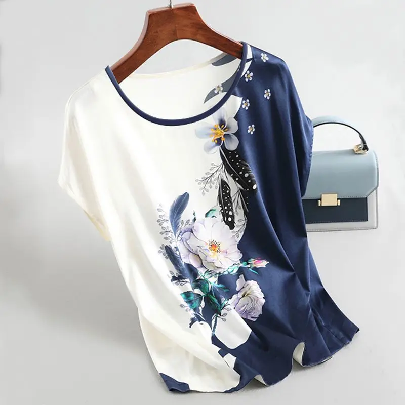 

2020 New Women Silk Satin Blouses Plus size Batwing sleeve Vintage Print Floral Blouse Ladies Casual Short sleeve Tops