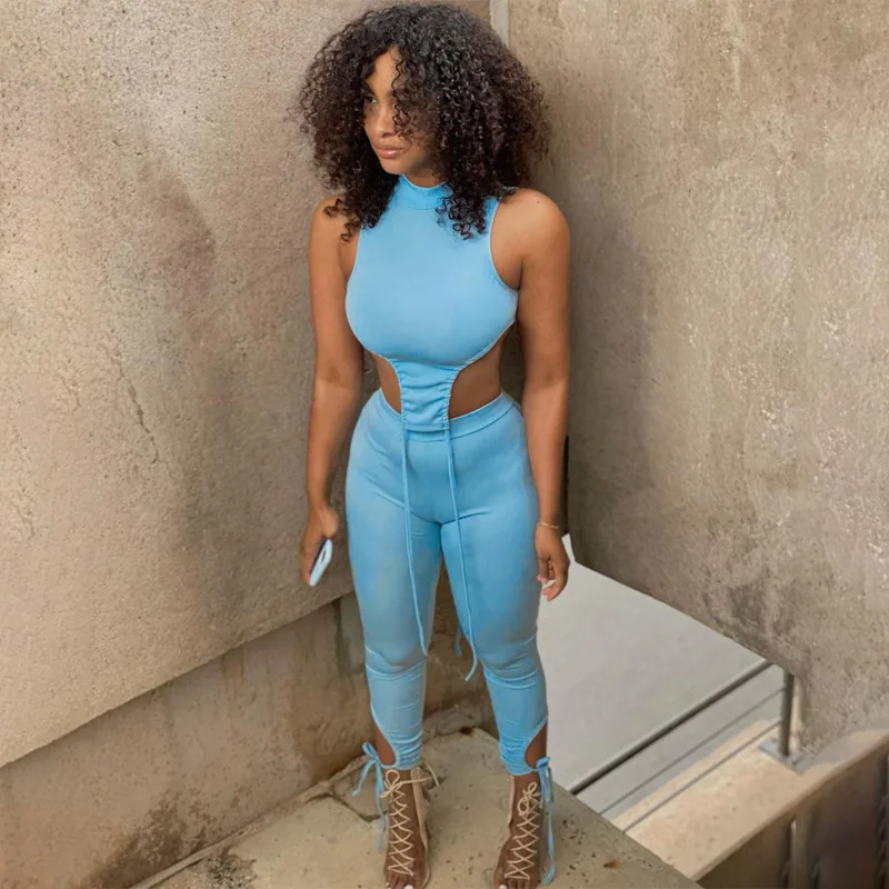 

wsevypo Women Solid Color Pants Sets Summer Casual Drawstring Ruched Two-pieces Sleeveless Irregular Hem Crop Tops+Slim Pants