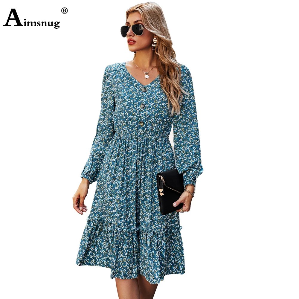 

Women Elegant Knee-Length Dress Vestidos 2021 Summer Boho Flower Print Party Dresses Femme Vintage A-Line Dress Womens Clothing