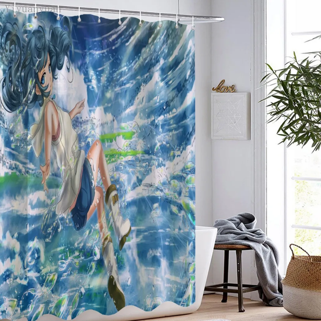 

Weathering with you Shower Curtains Anime Background Print Waterproof Fabric Bathroom Decor Screens set With 12 Hooks
