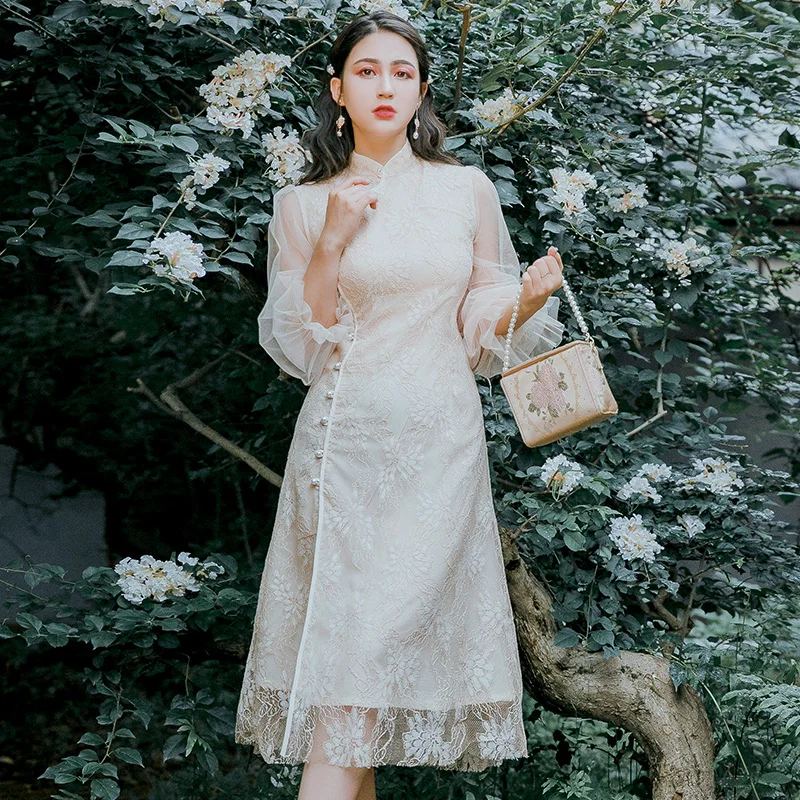 

YAMDI vintage 2020 a-line runway boho long sleeve spring summer dresses women luxury dress party elegant lace patchwork vestidos