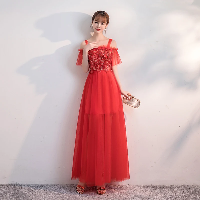 Vestido, элегантное платье подружки невесты, свадебное, вечернее, без рукавов, расшитое блестками, тюль, модное, Дамское, сексуальное, для выпускного вечера, женское платье, красное, для невесты