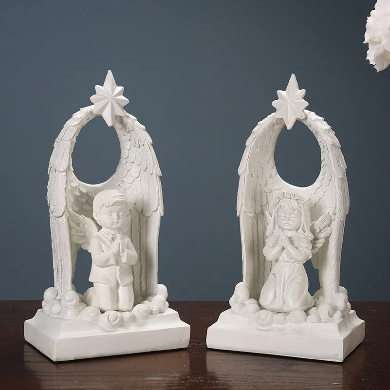 

European Retro White resin Blessing Prayer Angel Ornaments Home Livingroom Desktop Figurines Decoration Church Club Accessories
