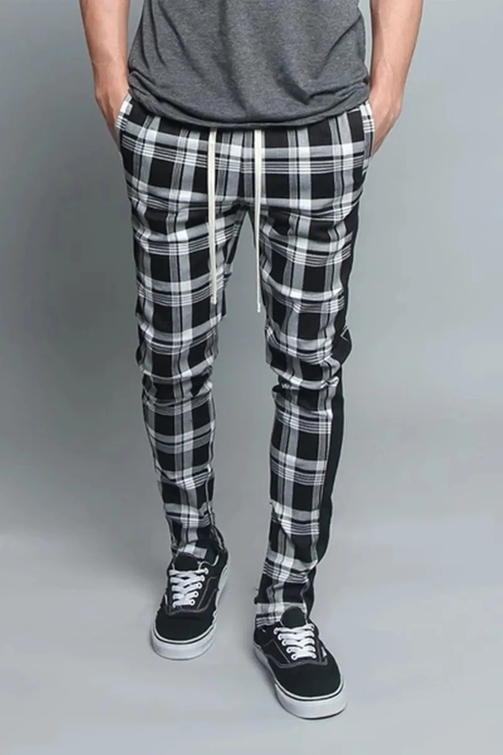 2019 spring and summer fashion pocket Men's Slim Fit Plaid Straight Leg Trousers Casual Pencil Jogger Pants |