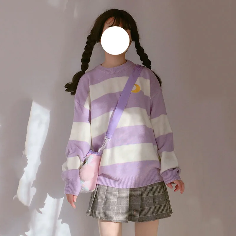 Japanese Cute Girls knit Sweater Women Kawaii Moon Embroidery Stripes Purple Knitted Pullovers Winter Preppy Style Jumper Tops | Женская
