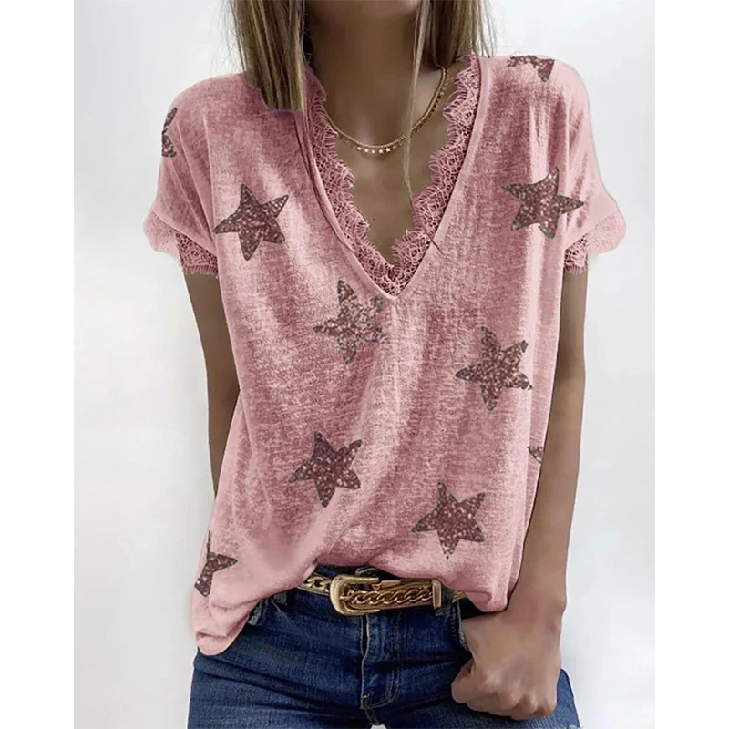 

Summer V-neck Print Lace T-Shirt Women Casual Loose Top Ladies Short Sleeve Basic Tees Camiseta De Mujer Female Clothing 2021