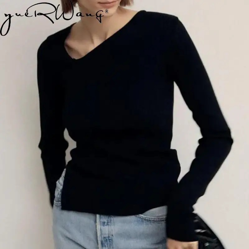 

Yuerwang, женский свитер, асимметричный сексуальный черный пуловер, свитера, универсальные Асимметричные однотонные вязаные топы на весну и ос...