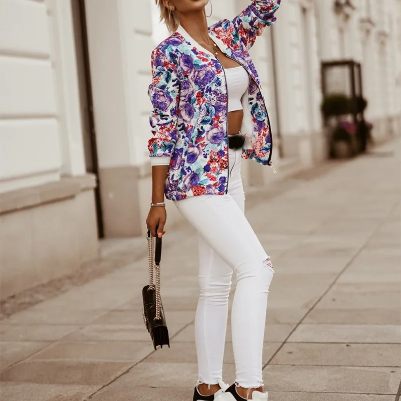 

Women's Floral Bomber Jacket Autumn Zipper Coat Long Sleeve Short Jackets Female 2020 Ink Painted Streetwear Thin Ladies Coats
