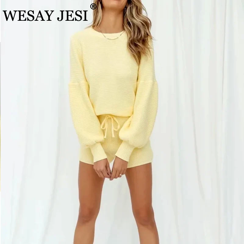 

WESAY JESI Women's Clothing 2021 Za Suits With Raglan Sleeve Loose Cropped Knit Jumpers And Shorts Women Candy Color Suit