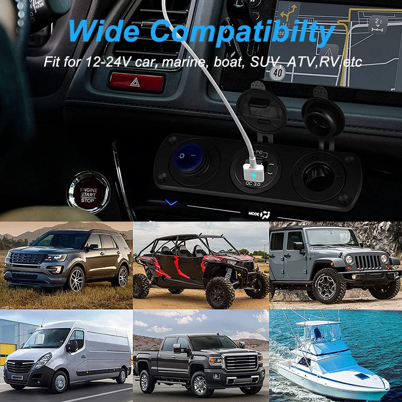 Cigarette Lighter Socket 12V Splitter with Rocker Toggle Switch PD&ampQC3.0 USB C Outlet LED Voltmeter Waterproof for Car Boat | Автомобили