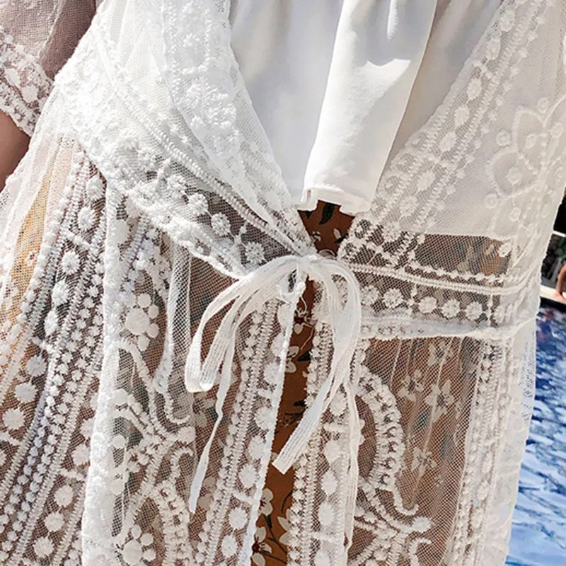 

Sunscreen Shirt Fashion Sweet Mesh Short Sleeve Blouse Beach Vacation Style Hollow Out Floral Cardigan White