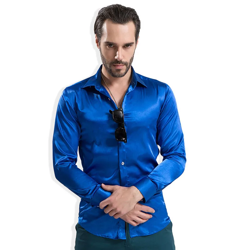 

Luxury Shiny Silk Like Satin Fashion Men Dress Shirts Long Sleeve Male Wedding Groom Stage Prom Casual Button Party Shirt