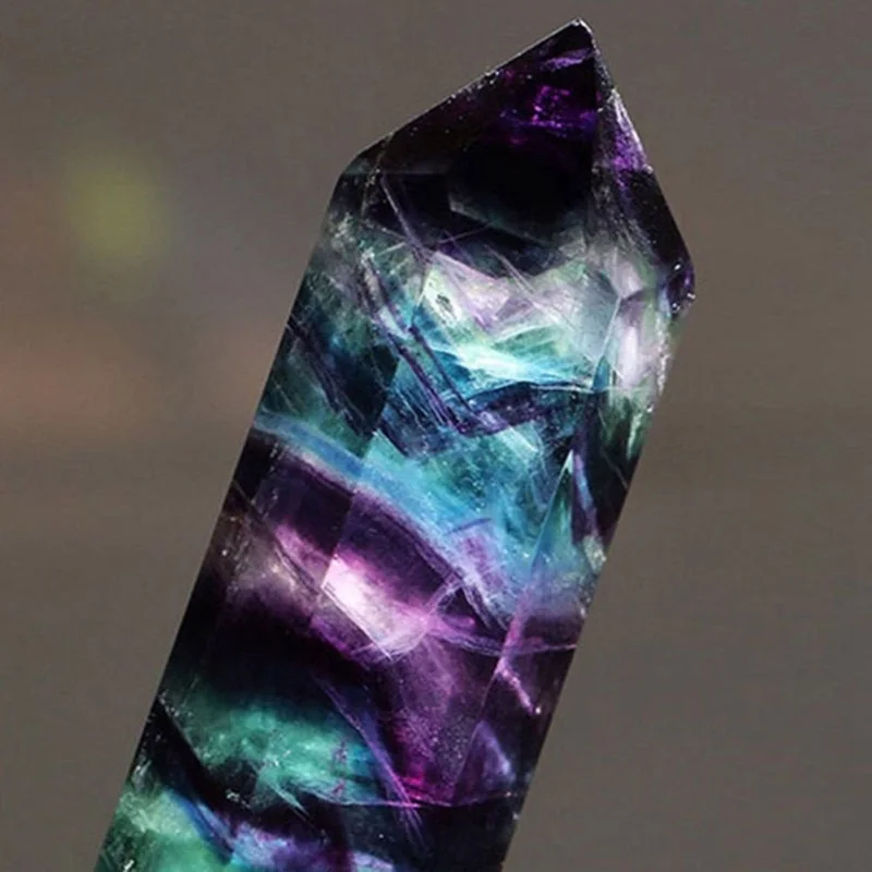 

Natural Fluorite Crystal Rainbow Striped Fluorite Quartz Crystal Hexagonal Point Faceted Prism Wand for Healing Home Decor