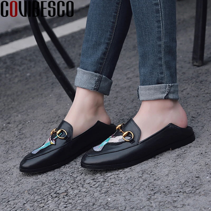 

COVIBESCO Basic Casual Spring Women Pumps Round Toe Low Heels Embroider Genuine Leather Metal Decoration Loafers Shoes Woman New
