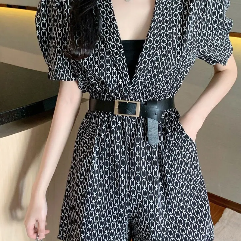 

2021 spring and summer women's wear large casual one-piece shorts temperament suit collar bubble sleeve wide leg shorts
