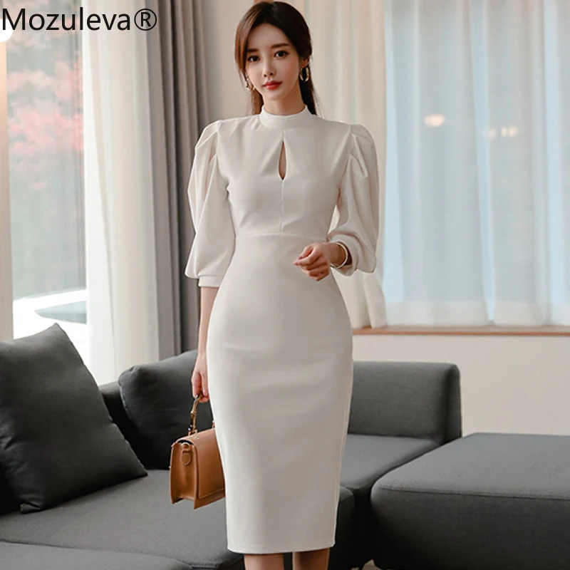 

Mozuleva 2021 Korea New Slim Women's Knee-Length Cloth Stand Neck Lantern Sleeve High Waist Bodycon OL Official White Work Dress