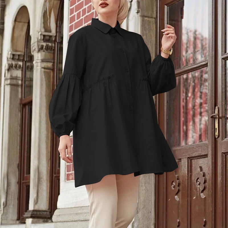 

Повседневная летняя блузка ZANZEA, женские топы с длинным рукавом, модная однотонная мешковатая мусульманская блузка, элегантные рубашки, жен...