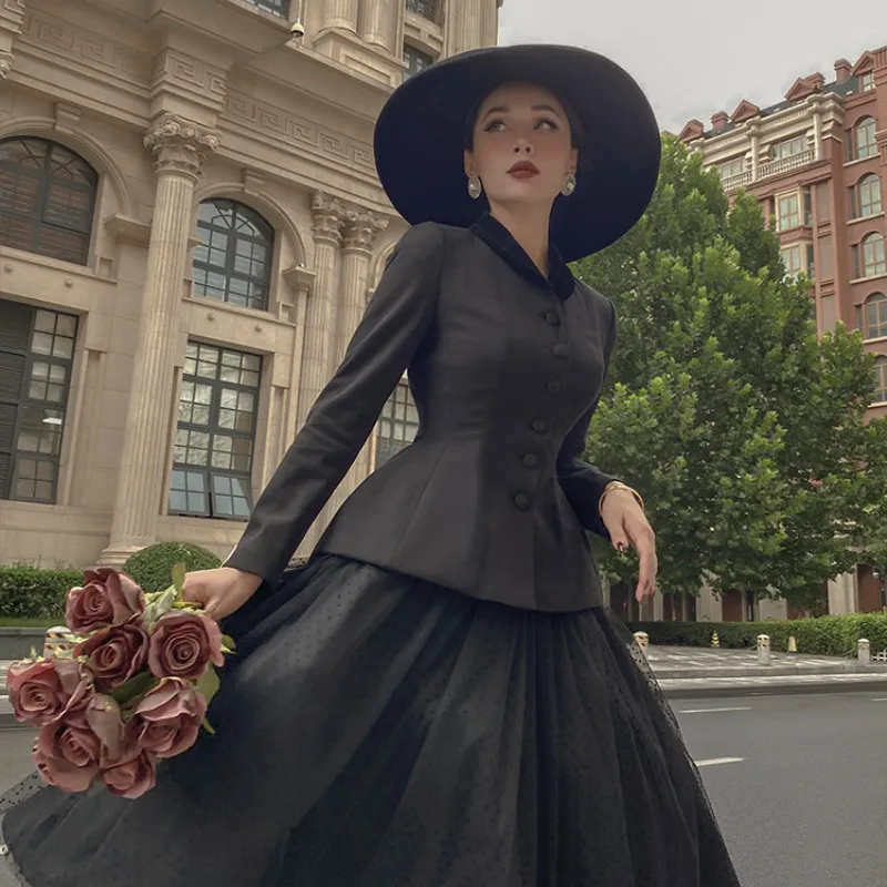 

Le Palais Vintage 2021 New Fall Winter Original Black Women Blazer Fashion Elegant Sexy V Neck Collect Waist Office Lady Coats