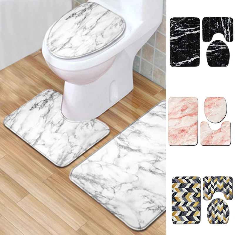 

3pcs/Set Bathroom Rug Bath Anti-slip Toilet Mats Marble Pattern Closestool Seat Cover Set Washroom Entrance Door Mat Large