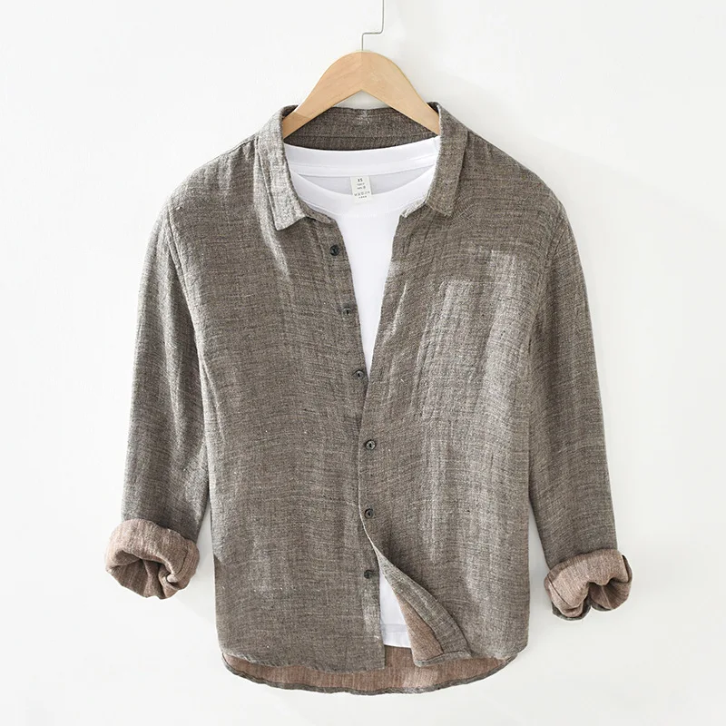 

Casual Shirt Men Retro Handsome Street Simple Youth Trend Linen Long Sleeve Square Collar Solid Color Loose Cardigan Tops
