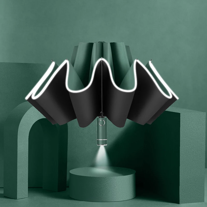 

LED Automatic Windproof Umbrella With Reflective Stripe Reverse Light Umbrella Three Folding Inverted 10 Ribs Umbrellas