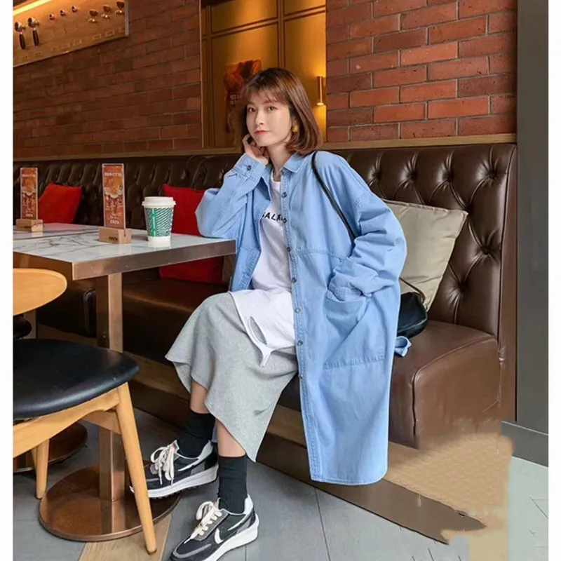 

Korean Style Ins New Korean Retro Lapel Denim Jacket Female Mid-length Loose Casual Lazy Windbreaker Tide