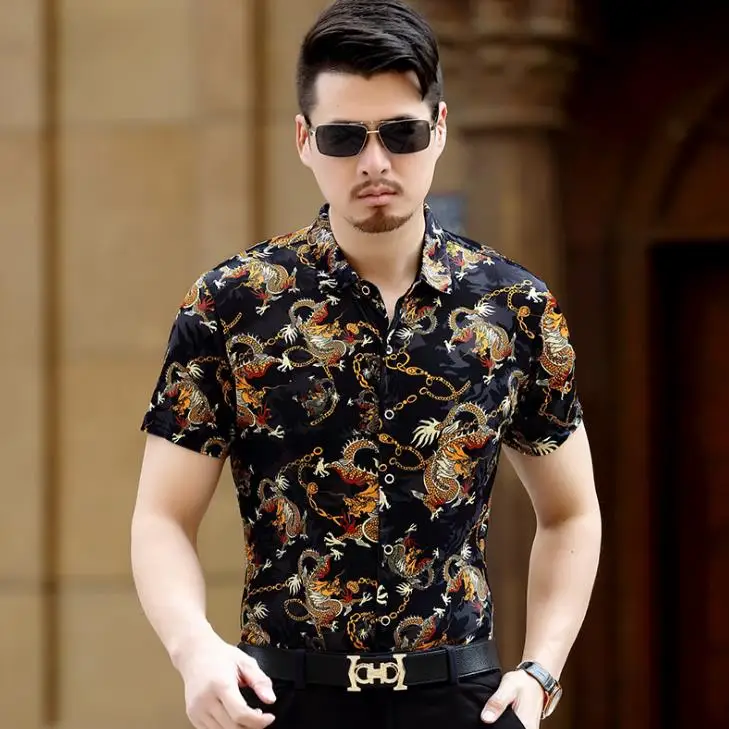 Мужская шелковая Повседневная рубашка с коротким рукавом и принтом дракона в