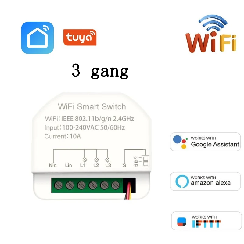 

Mini DIY WiFi Smart Light Switch 3 Gang 1/2 Way Module Smart Life/Tuya App Control Works with Amazon Alexa and Google Home
