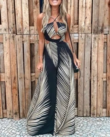 summer women leaf print cut out patchwork jumpsuit femme elegant halter sleeveless pants office lady casual overalls 2021 traf