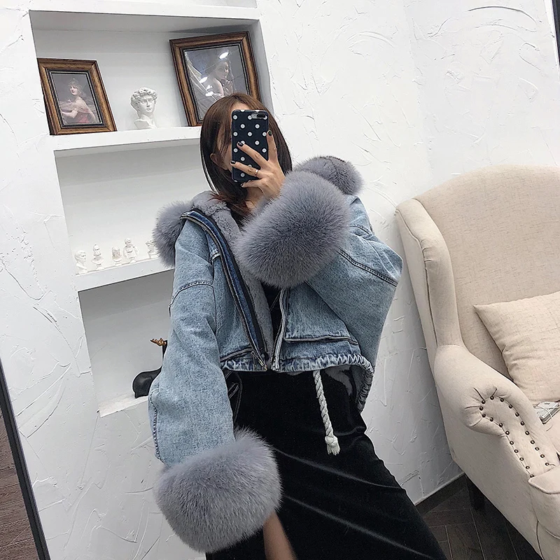 

2021 Denim Parka Winter Jacket Women Real Fox Fur Collar Cuffs Rabbit Warm Loose Outerwear Streetwear Removable