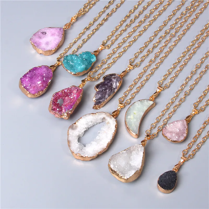 Metal chain healing energy necklace for women Dyed Natural crystal agat druzy crystal Minerals gem stone pendant charm necklace